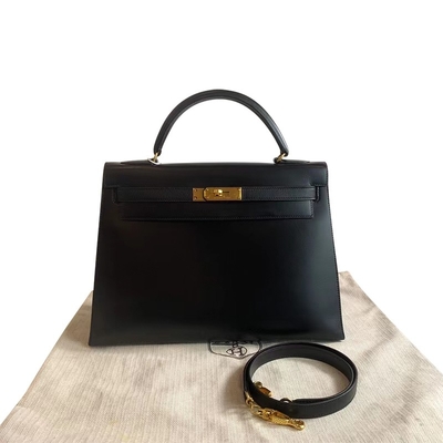 هيرميس كيلي 32 حقيبة ذات علامة تجارية محبوبة سوداء Epsom Sellier Gold Hardware Box Black