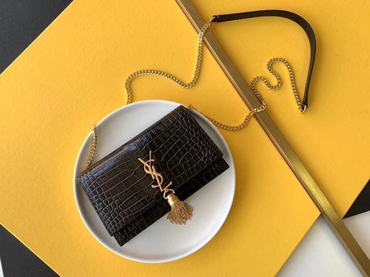 جلد العجل YSL حقيبة سوداء سلسلة ذهبية كيت شرابة صغيرة
