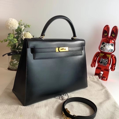هيرميس كيلي 32 حقيبة ذات علامة تجارية محبوبة سوداء Epsom Sellier Gold Hardware Box Black