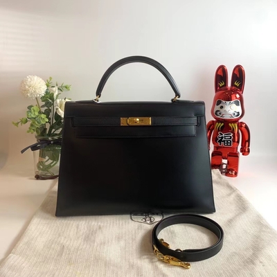 هيرميس كيلي 32 حقيبة ذات علامة تجارية محبوبة سوداء Epsom Sellier Gold Hardware Box Black