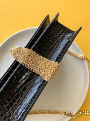 جلد العجل YSL حقيبة سوداء سلسلة ذهبية كيت شرابة صغيرة