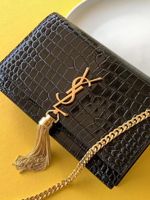 جلد العجل YSL حقيبة سوداء سلسلة ذهبية كيت شرابة صغيرة