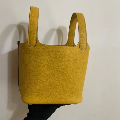 حقيبة يد نسائية تحمل علامة هيرميس Jaune Ambre Picotin قفل PM Clemence Leather Soleil