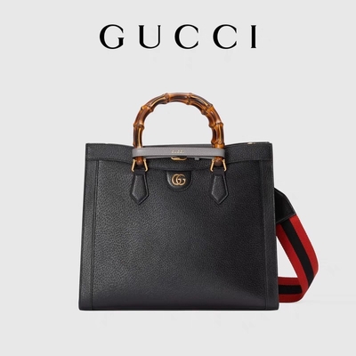 حقيبة جوتشي Princess Diana Gucci من الجلد الأسود متوسطة الحجم بمقبض من الخيزران