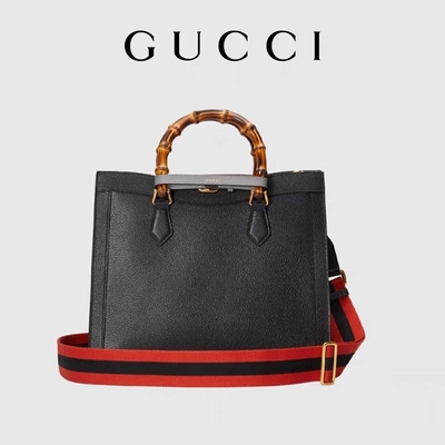 حقيبة جوتشي Princess Diana Gucci من الجلد الأسود متوسطة الحجم بمقبض من الخيزران